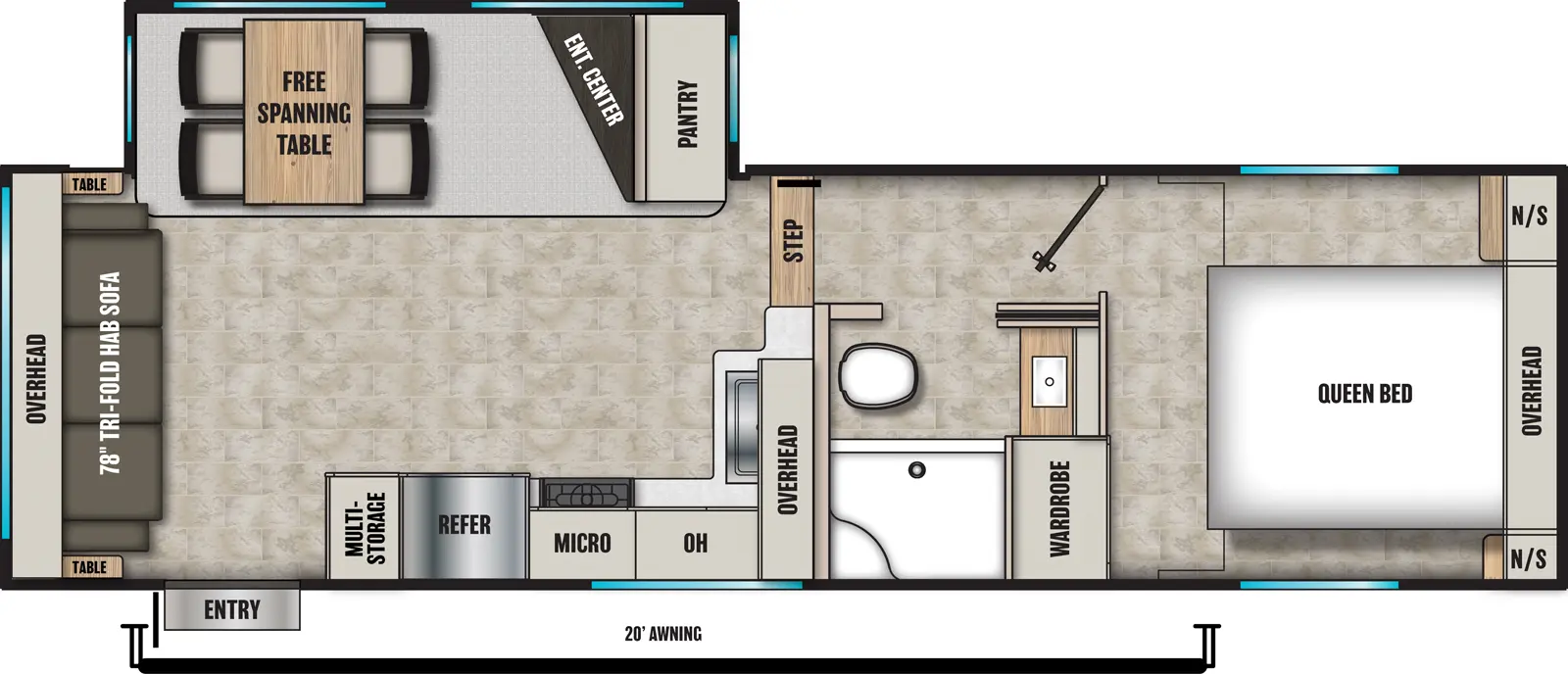 The Phoenix 254RLS floorplan has one entry and one slide out. Exterior features include: fiberglass exterior and 20' awning. Interiors features include: free-standing dinette option, front bedroom and rear living.